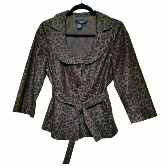 SANDRO Sportswear Leopard Blazer Tie Belt Button Front Grey Black Brown S - Picture 6 of 6